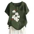 thumbnail image 3 of Dazajoo Floral Linen Tops for Women Casual Short Sleeve Summer Shirts Round Neck Lightweight Cotton Blouses,Army Green,XXL, 3 of 5