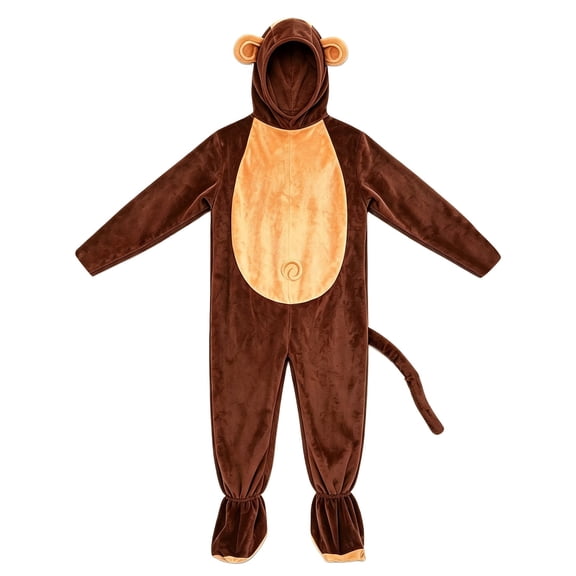 BMYJ Monkey Shaped Hooded Footed Jumpsuit with Curly Tail, Fun Animal Themed Outfit for Boys Girls, Plush Full Body Jumpsuit for Holiday Party Dress Up (Brown, 2-3 Years)