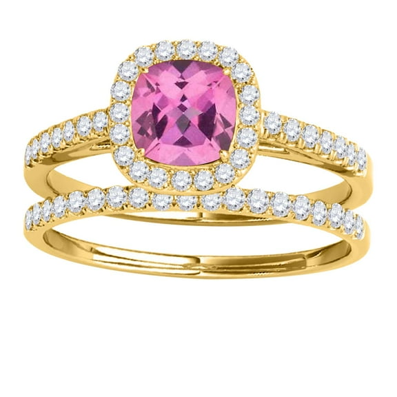 Mauli Jewels Engagement Rings for Women 1.27 Carat Cushion Shape Pink Topaz Bridal Set 4-prong 10k Yellow Gold
