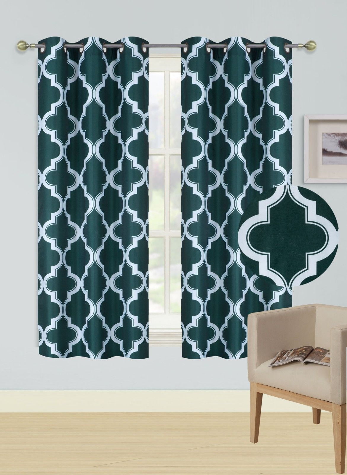 2-Piece Moza Hunter Green/White Geometric Blackout Lined Grommet Window ...