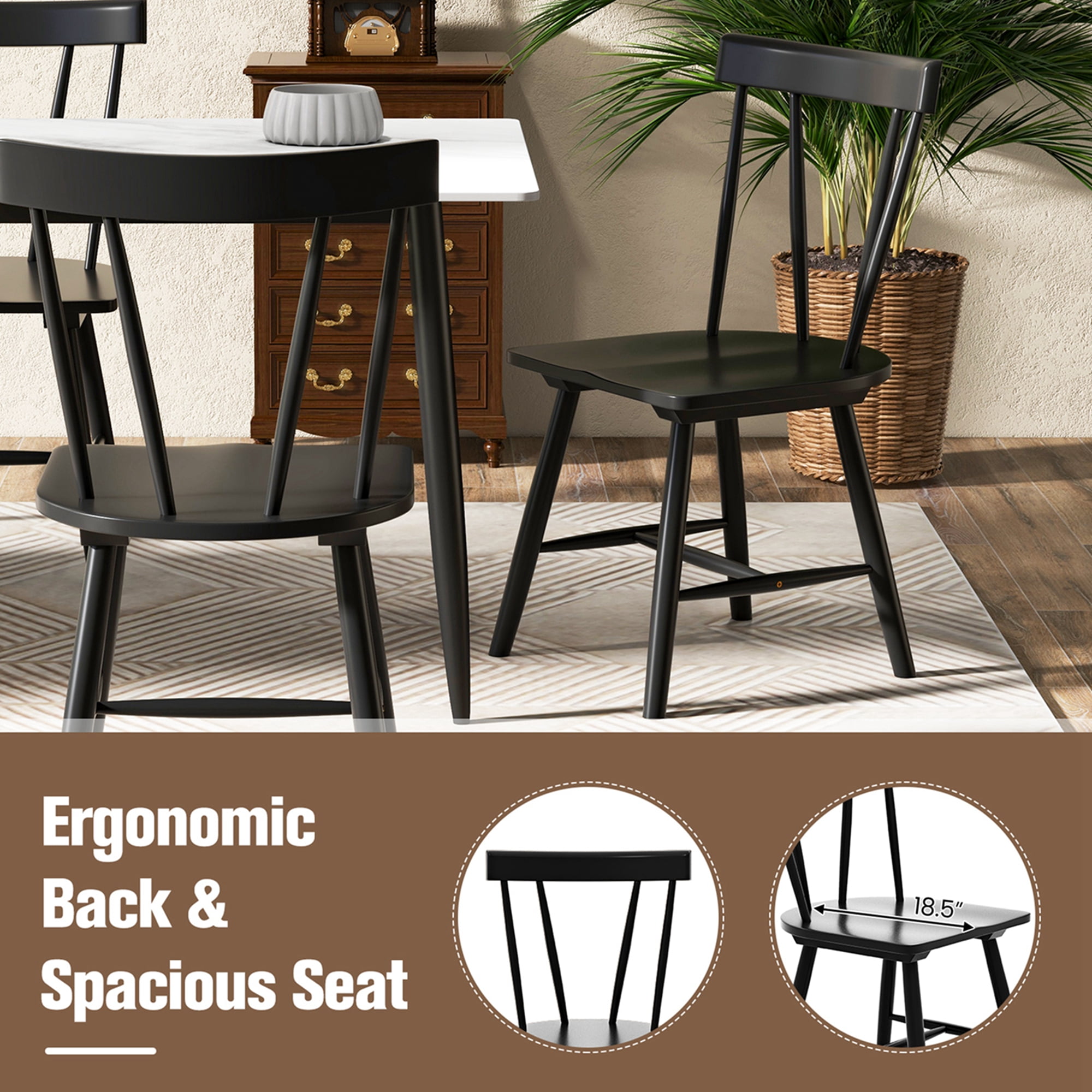Costway Windsor Rubber Wood Dining Chairs, Black (Set of 2)