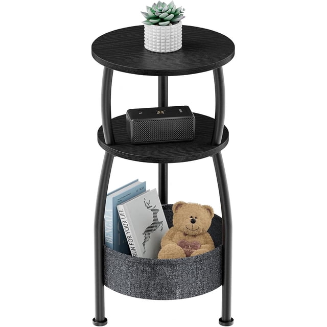 Table d'Appoint Ronde pour Petits Espaces avec Panier de Rangement, Petite Table d'Extrémité pour Salon Chambre, Table de Chevet à 3 Niveaux Table d'Angle pour Canapé pour Patio et Plus 24 Po de Hauteur Classique Noir