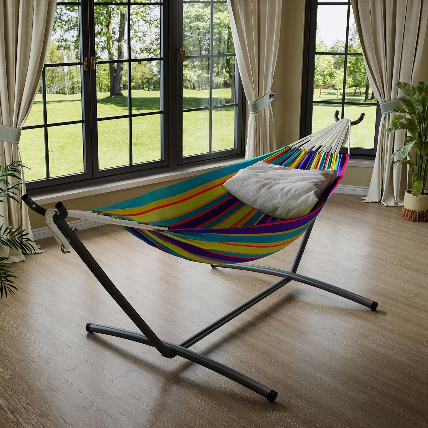 Double Hammock with Foldable Steel Stand and Carrying Bag, Portable Freestanding Hammock for Indoor & Outdoor Use, 450 lbs Capacity, Ideal for Garden, Patio, Camping, Beach, Tropical