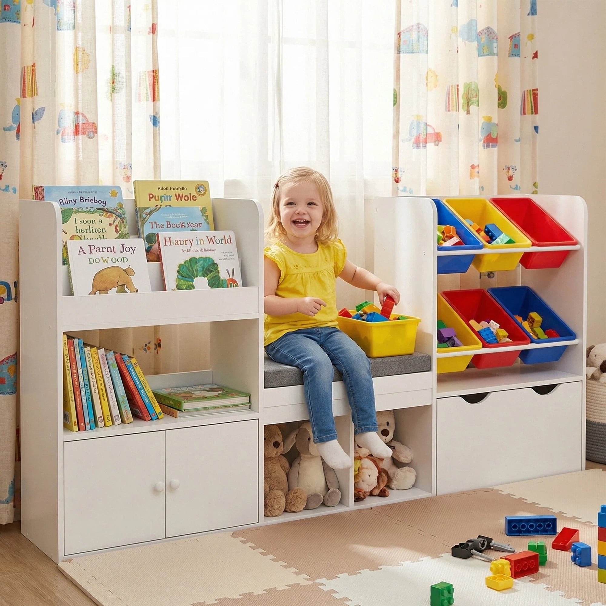 Reasea Kids Bookshelf with Reading Nook & Storage Bench, 73 Inch Toy Organizer with Movable Drawer & 6 Removable Bins, Montessori Reading Corner Furniture(Colorful Toy Bins)