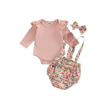 

Bagilaanoe 3pcs Newborn Baby Girl Overalls Set Long Sleeve Ruffle Romper Tops + Floral Suspender Shorts + Headband 3M 6M 12M 18M Infant Casual Outfits
