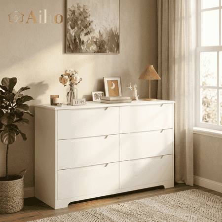 Modern 6 Drawer Double Dresser, White Wood Chest of Drawers with Cut-Out Handles, Sturdy Storage Organizer for Bedroom Living Room Hallway