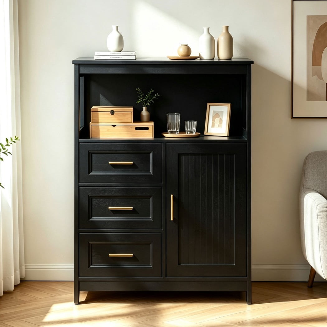 Modern Buffet Cabinet, Kitchen Storage Cabinet with 3 Drawers & 1 Door, Sideboard Cabinet with Wide Countertop for Dining Room, Living Room, Entryway & Bathroom, Black
