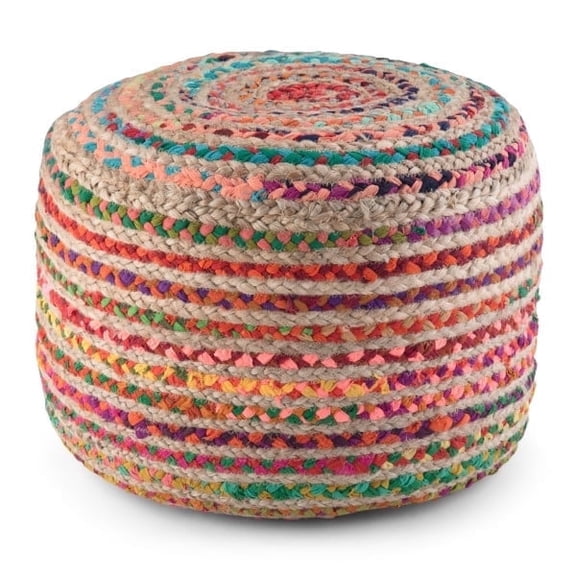 Simpli Home Margo 20 inch Wide Boho Round Pouf in Multi-Color Handwoven Jute and Cotton