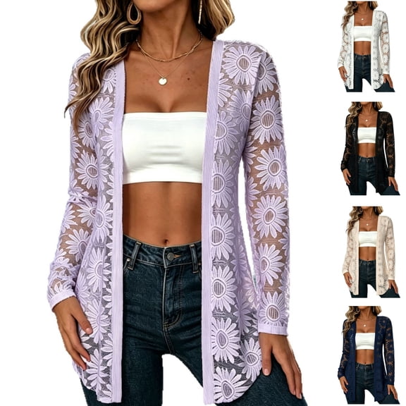 Yifymode Cardigan Sweaters for Women Lightweight Summer Long Sleeve Lace Open Front Cardigan Thin Breathable Casual Beach Vacation Cardigan Tops S-XXL