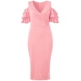thumbnail image 4 of Vestido midi de noche de fiesta sexy elegante con cuello en V y hombros descubiertos con mangas con volantes lisos Vestido ajustado Ormromra WRMH-239-8, 4 of 6