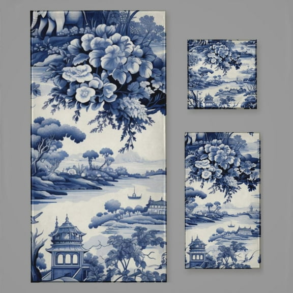 Blue Chinoiserie Toile Bridge Bath Towel Sets For Bathroom Hand Towels Fingertip Towels 3 Piece Soft Absorbent For Bathroom Kitchen Hotel Beach