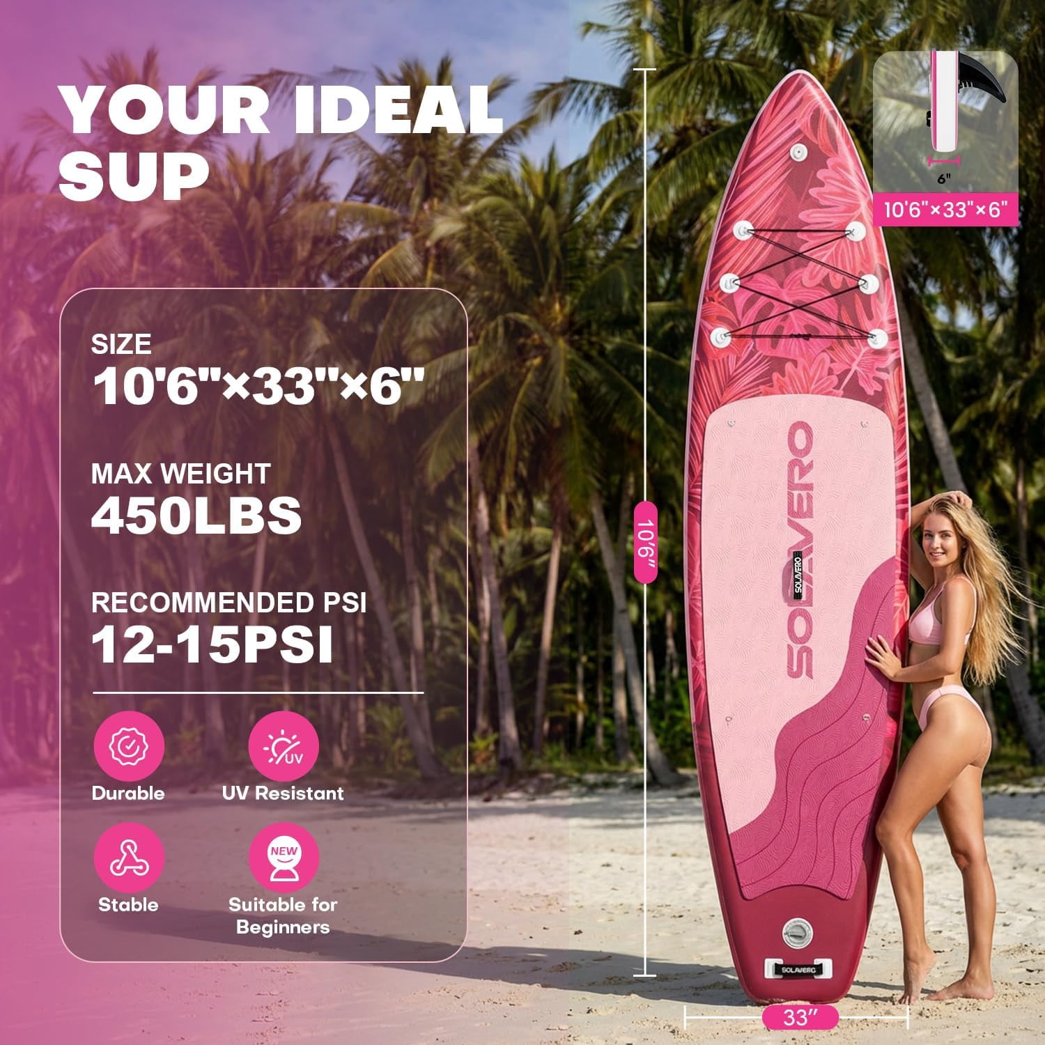 SOLAVERO 10'6" Inflatable Stand Up Paddle Board, Ultra-Light SUP Board with Accessories, Anti-Slip EVA Deck for Adults