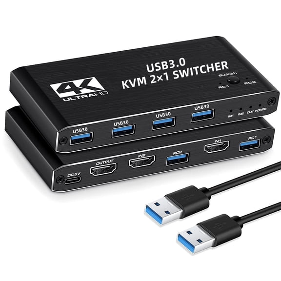 AUBEAMTO USB KVM Switch USB 3.0 Switcher HDMI-compatible KVM Switch 2 In 1 Out 4K for 2 PC Sharing Keyboard and Mouse EDID / HDCP Printer
