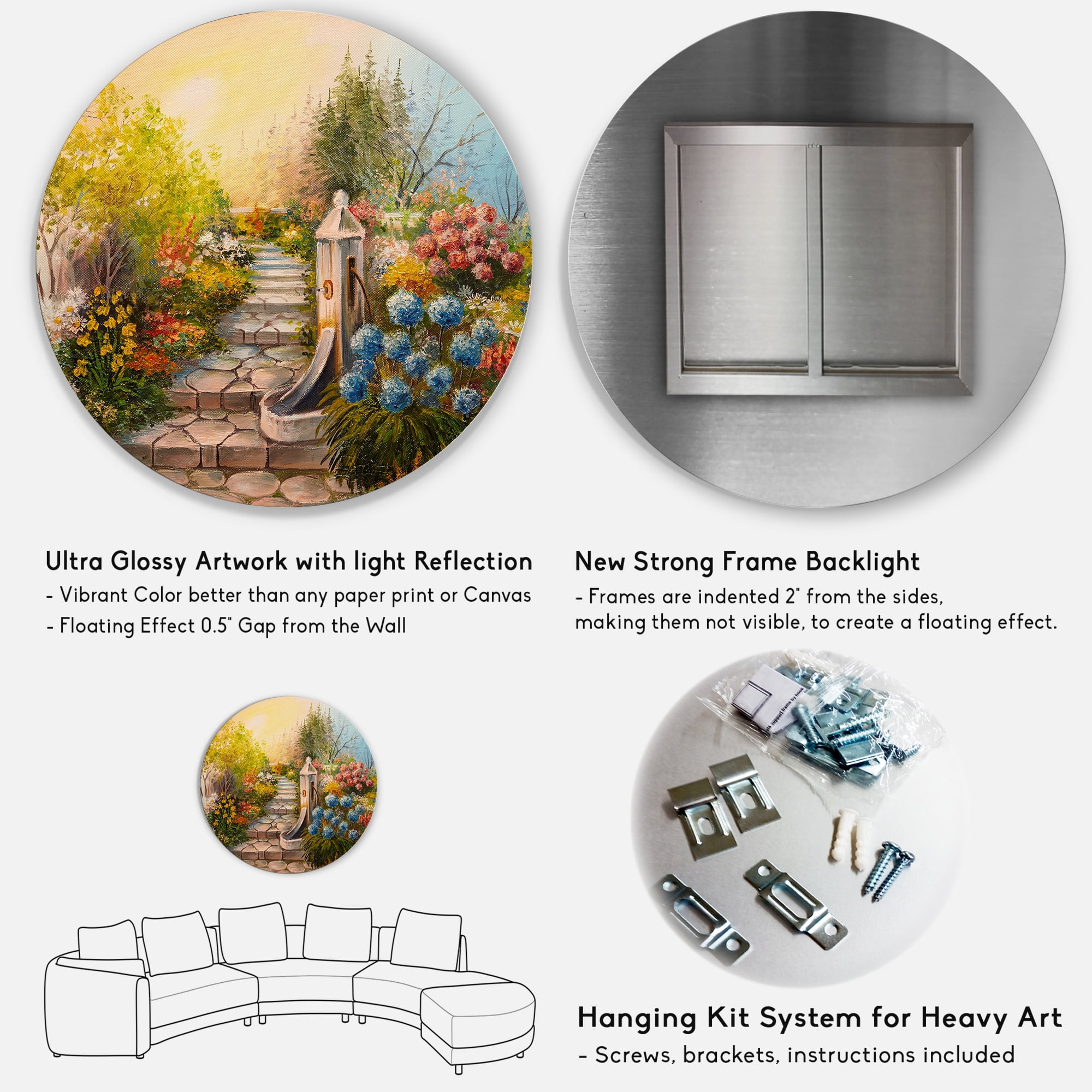 Designart 'Stone Stairs In The Blossoming Flowers Forest' Traditional Circle Metal Wall Art 11x11 - Disc of 11