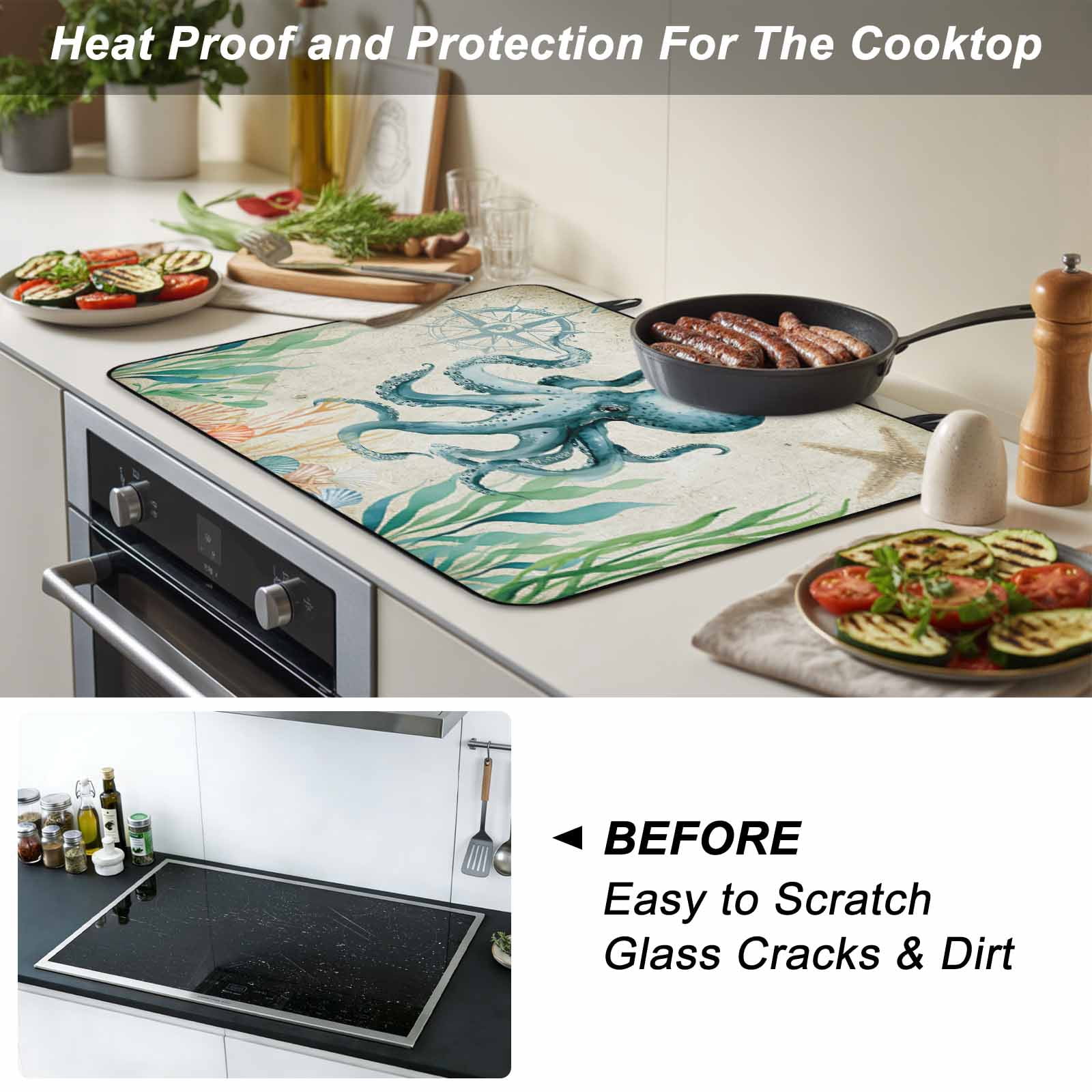 Octopus Coastal Stove Top Cover for Electric Stove, Heat-proof & Non Slip Glass Top Stove Cover Protector, Vintage Nautical Ocean Starfish Compass Kitchen Flat Cooktop Rubber Mat 24x21 Inches