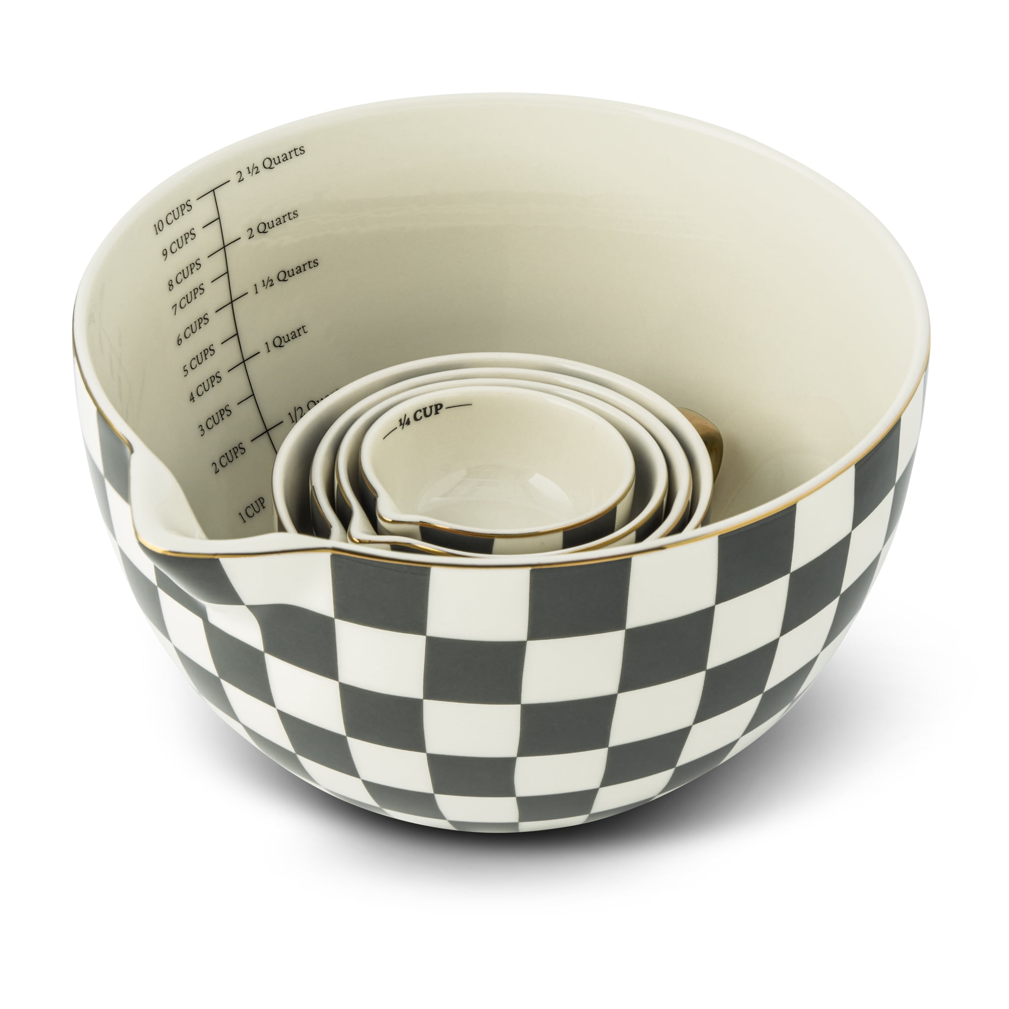 Thyme & Table 5-Piece Ceramic Mixing Bowl and Measuring Set - Green Checkered