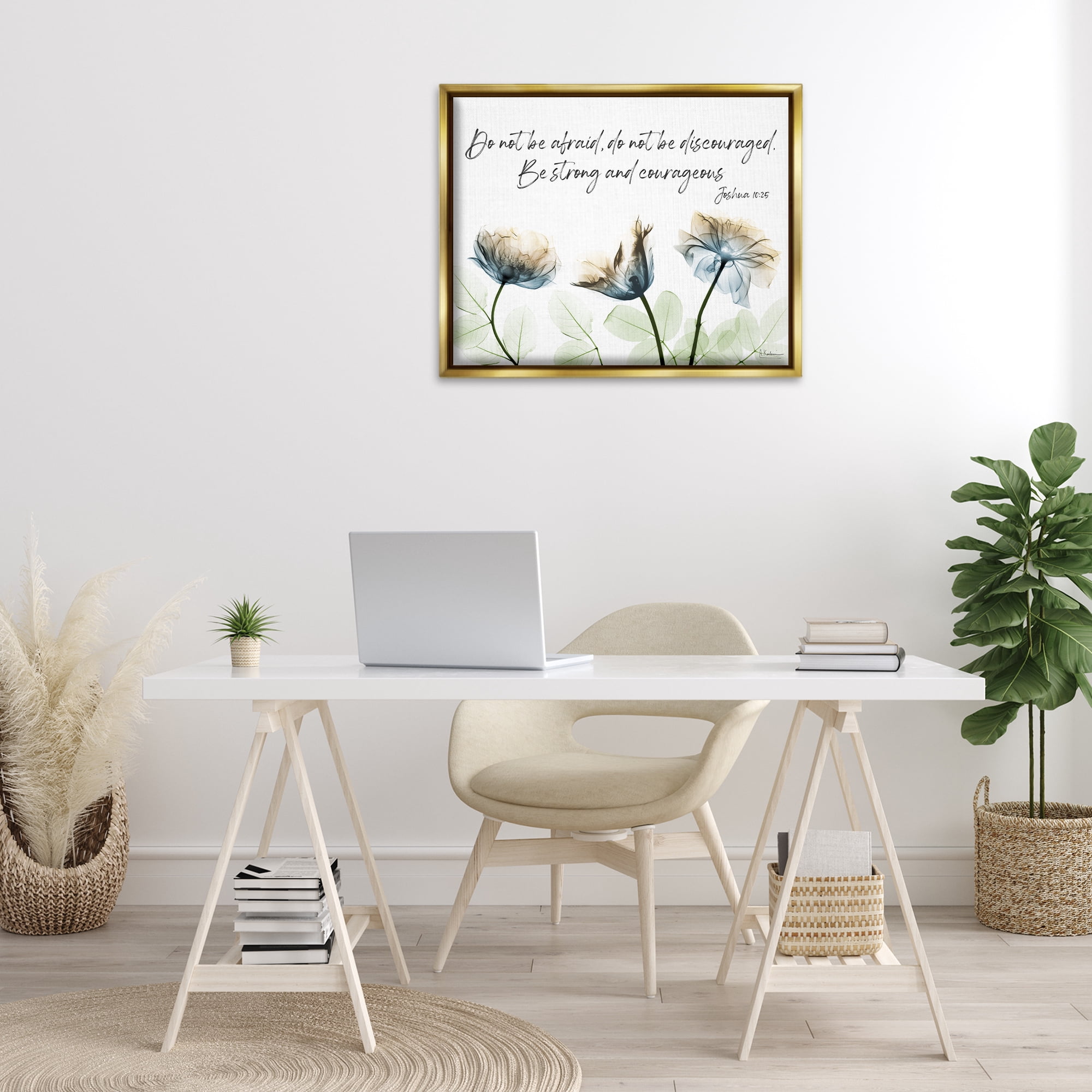 Stupell Industries Strong & Courageous Floral Religious Painting Gold Floater Framed Art Print Wall Art, 31 x 25
