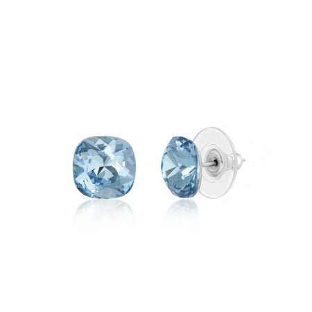 Lesa Michele Women's Faceted Crystal Cushion Shaped 10MM Stud Earrings in Stainless Steel Made With Swarovski Crystals (Color: Simulated Aquamarine)