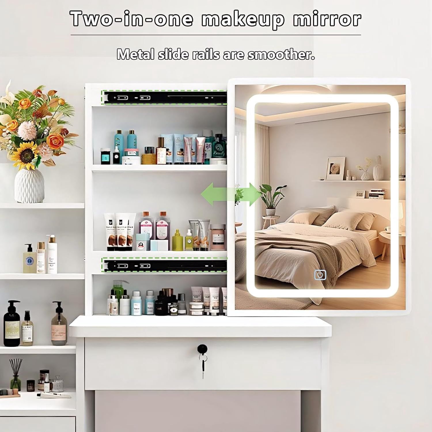 3 in 1 Vanity Desk with Mirror And Lights, Small Vanity Desk Set with Visible Glass Tabletop, 3 Drawers, Storage Bench, 3 Color Lighting Mirror, Suitable for Bedroom Small Vanity Desk