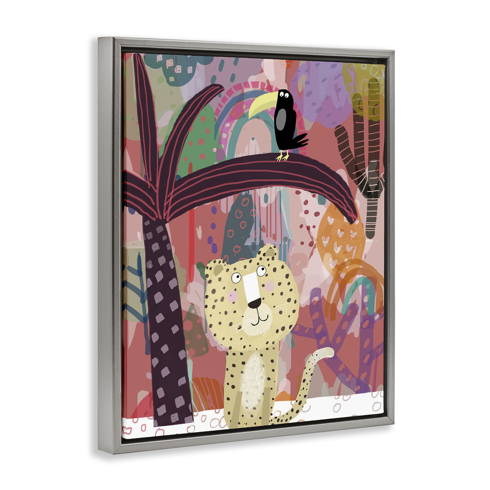 Whimsical Cheetah & Toucan Gray Framed Floater Canvas Wall Art, design by Carla Daly