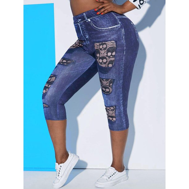 Talla grande 3D Skull Jean PRINT CULTPED JEGGINGS Rosegal Leggings de talla grande