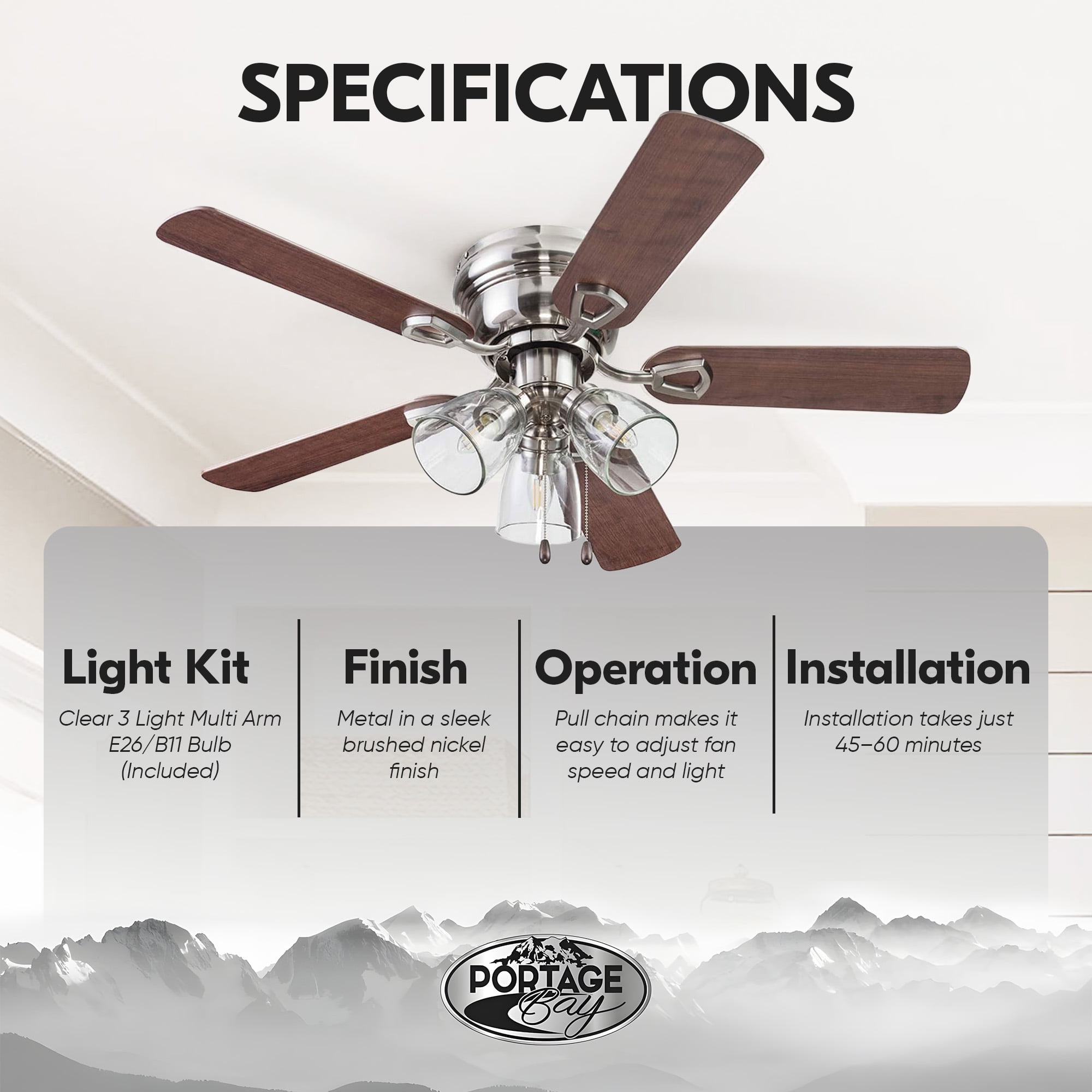Prominence Home Renton 42'' Brushed Nickel E26 Flush Reversible Ceiling Fan with Light Kit and Pull Chain