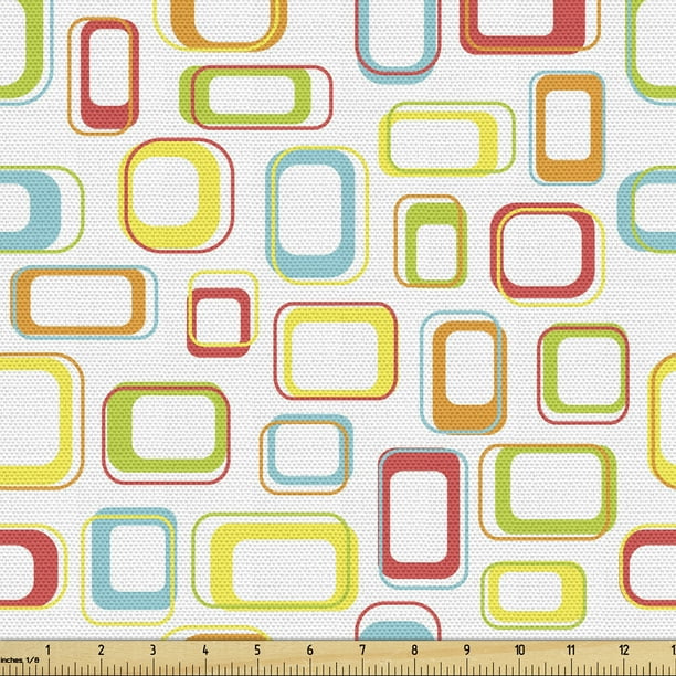 Blue Yellow Vintage Fabric by the Yard Upholstery, Colorful Squares and