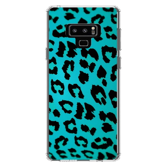 DistinctInk Clear Shockproof Hybrid Case for Samsung Galaxy Note 9 - TPU Bumper, Acrylic Back, Tempered Glass Screen Protector - Teal Black Leopard Skin Spots