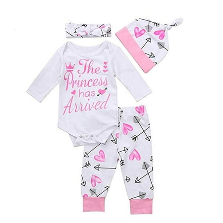 

TOPGOD 4PCS Newborn Baby Girls Pants Set Toddler Letter Romper Arrow Heart Pants Hats Headband Bodysuit