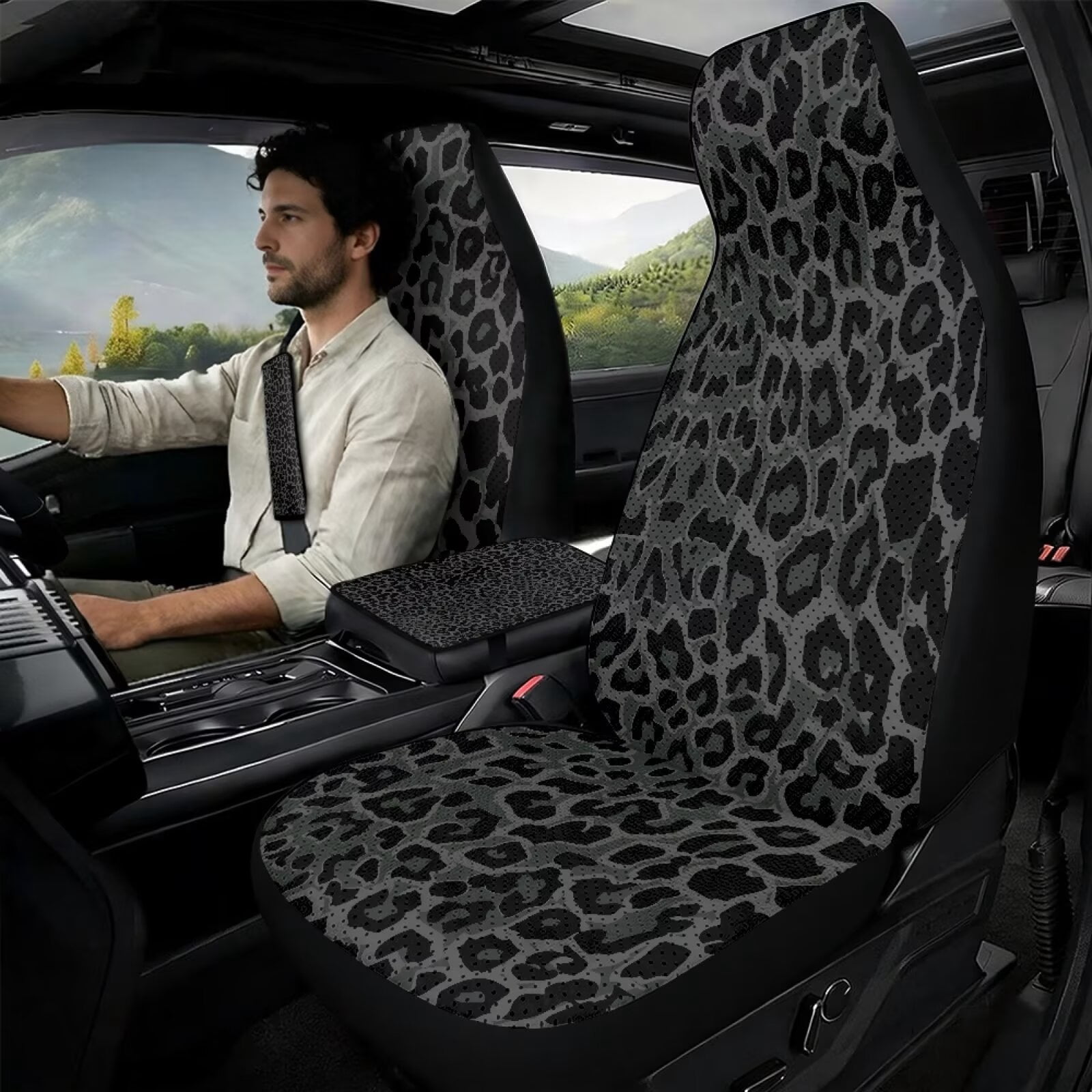Xixirimido Car Seat Covers Front Seats Only with Belt Covers Armrest Box Cover 5Pcs Set for SUV Sedan Van Truck PU Leather Seat Protector Automotive Accessories, Black Leopard