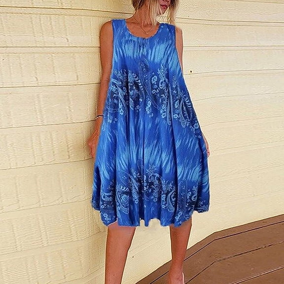 BRGZLK Womens Sleeveless Dresses Summer 2026 Crewneck Hawaiian Floral Print Beach Midi Dress Soft Breathable Loose Casual Sundress Blue L