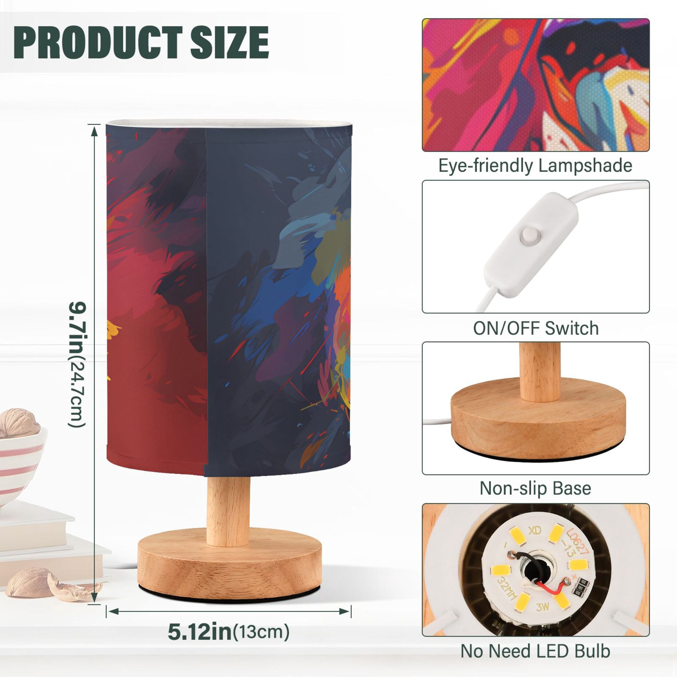 Dinosaur Head Colorful Table Lamp USB Bedside Desk Nightstand Lamp Printed Gifts Small Lamp Wood Base for Bedroom Living Room Kids Room College Dorm
