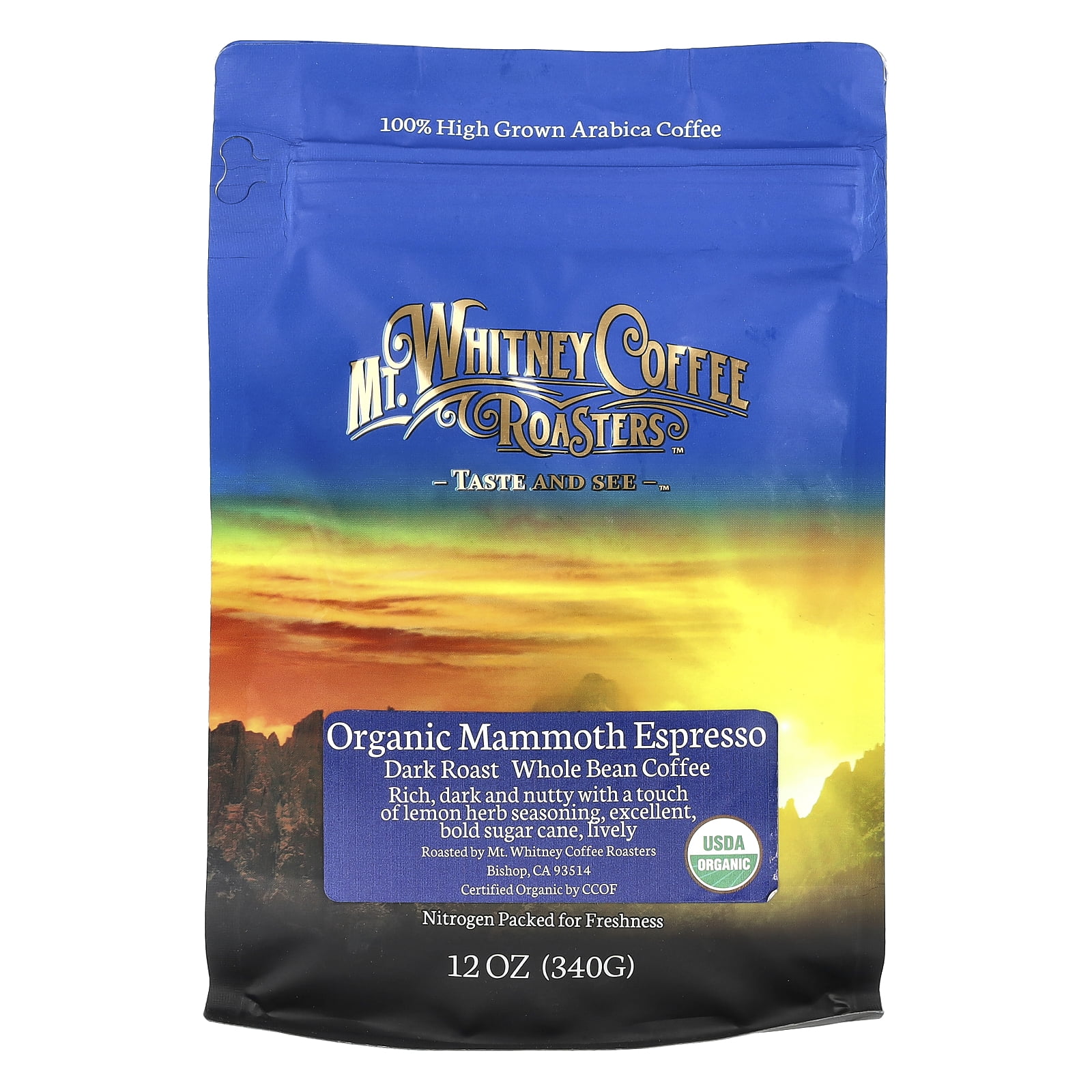 Mt. Whitney Coffee Roasters Organic Mammoth Espresso, Whole Bean Coffee, Dark Roast, 12 oz (340 g)