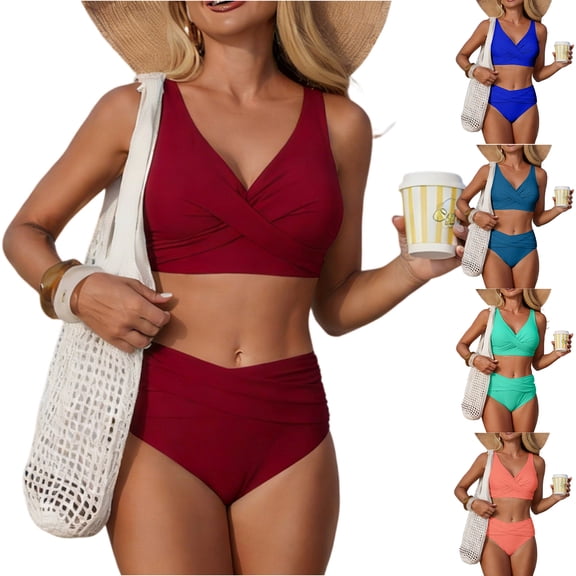 JoveMarine Women's Ruched Two Piece Swimsuit Solid Color Bikini Set Tummy Control Beach Bathing Suit Bathing Suit For Womens Swimsuits Green 2XL