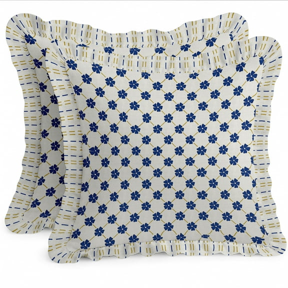 Cotton Twill Frill Cushion Covers by Vargottam - 16 Inch Square, Set of 2, Reversible Print, Farmhouse Throw Pillow Covers with Hidden Zipper - Florals Print