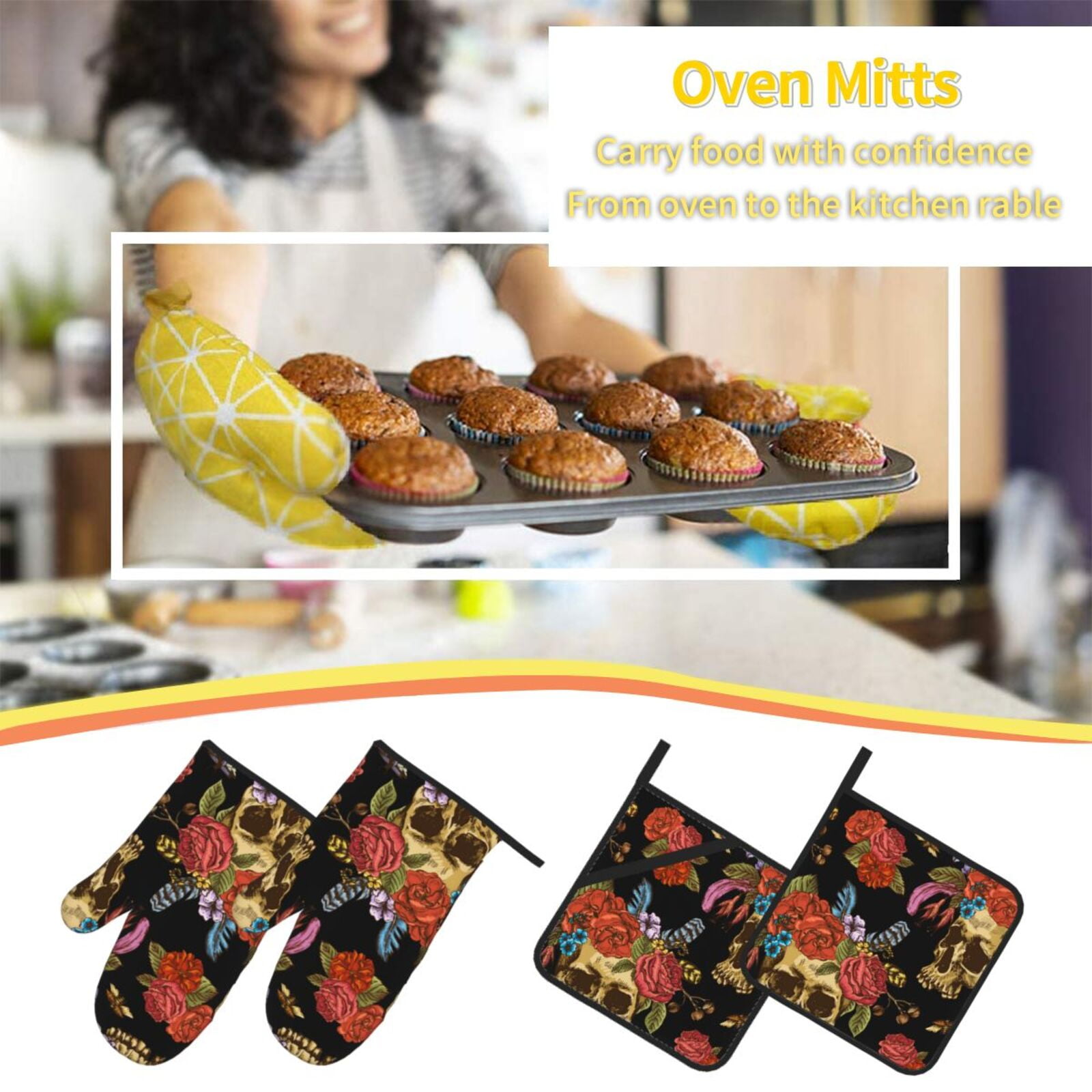 Watercolor Skull Flowers Day Dead 4Pcs Oven Mitts and Pot Holders Sets Oven Kitchen Gloves Hot Pads for Cooking BBQ Baking Grilling