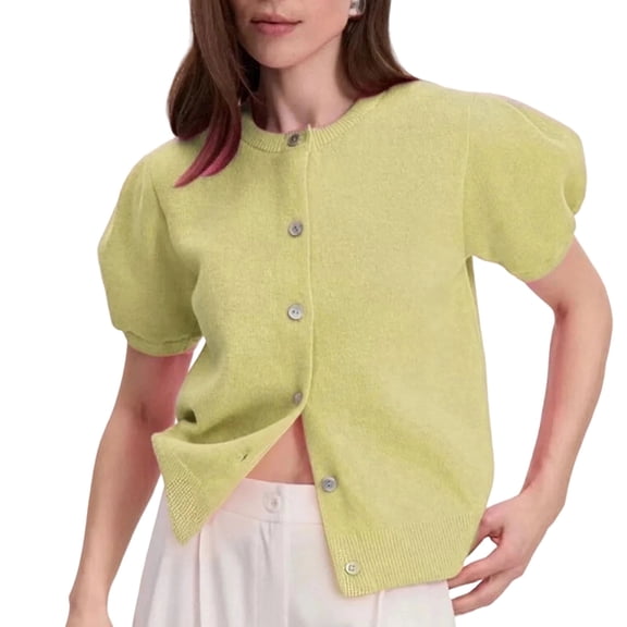 ClodeEU Womens Puff Short Sleeve Sweater,Button Down Knitted Sweater Basic Crew Neck Crop Tops Yellow,Womens Plus M