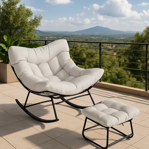 Eastvita White Outdoor Rattan Egg-Shaped Rocking Chair with Footstool
