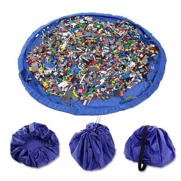 Bolsa para tapete de almacenamiento de juguetes con cordón, bolsa para tapete de juego, contenedor de almacenamiento de juguetes para niños con tapa, lata como regalo (azul)