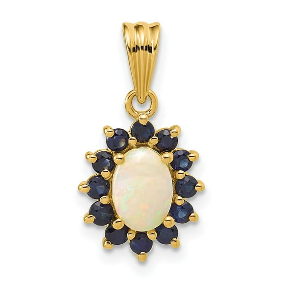 14k Yellow Gold Opal and Sapphire Pendant Necklace for Women, Oval Natural Opal with Blue Sapphire Halo, Floral Fine Jewelry, Elegant Birthstone Accessory