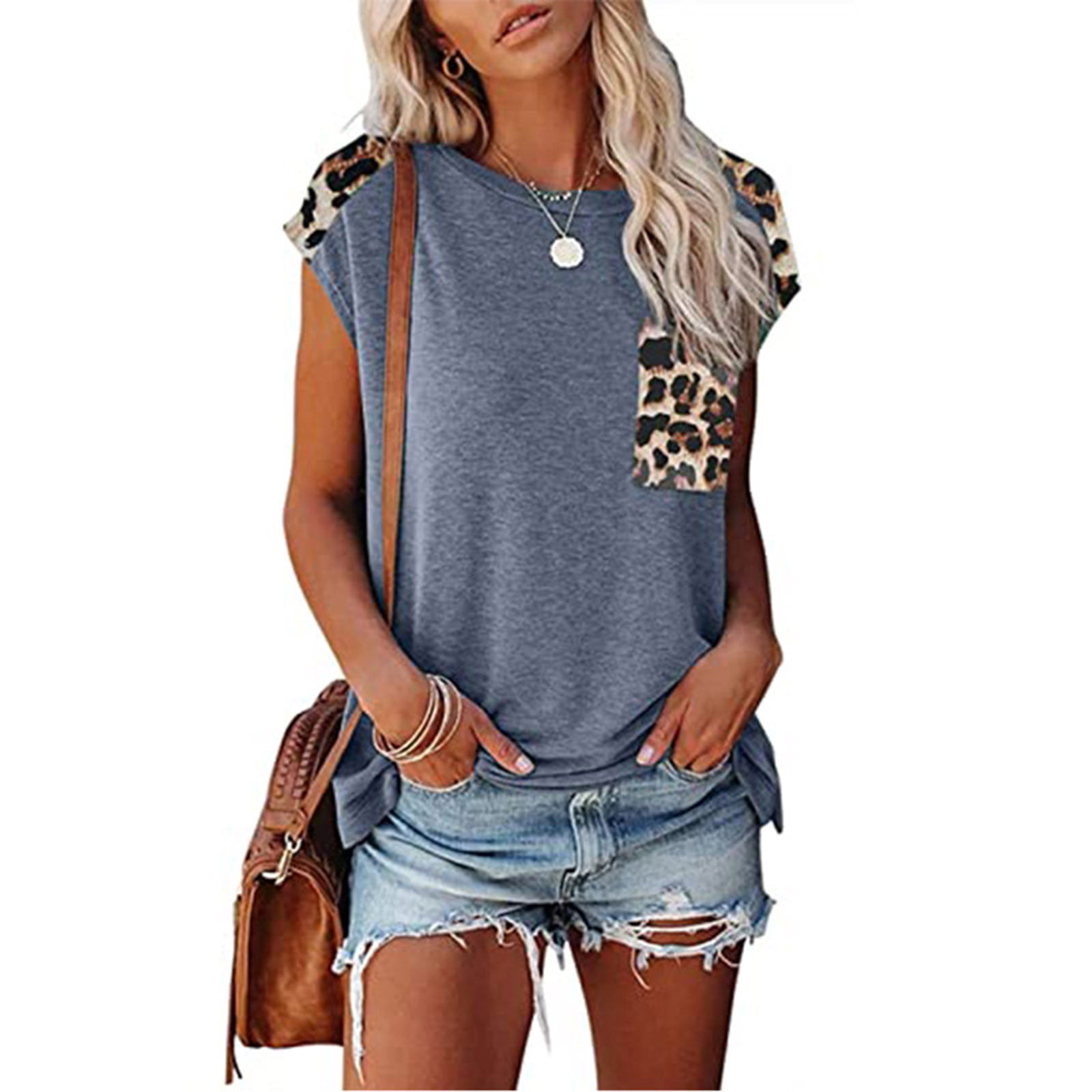 Womens Leopard Printed Patchwork Tunic Tops Crew Neck Long Sleeve Loose Casual T-Shirts Blouse Tops 