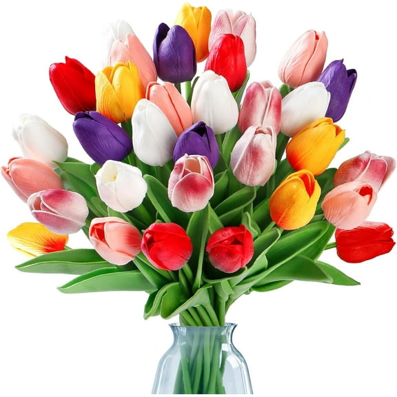 20PCS Multicolor Tulips Artificial Flowers Faux Tulip Stems Real Feel PU Tulips for Easter Spring Wreath Wedding Bouquet Centerpiece Floral Arrangement Cemetery Table Decorate 13" Tall