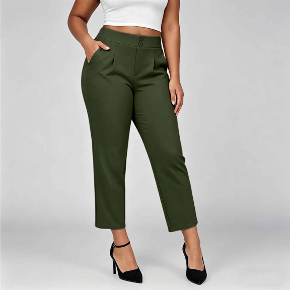 Cagogo Women Plus Size High Waisted Capri Pants with Pockets Solid Straight Leg Cropped Trousers Elegant Office Casual Summer Lounge Pants, Army Green XL