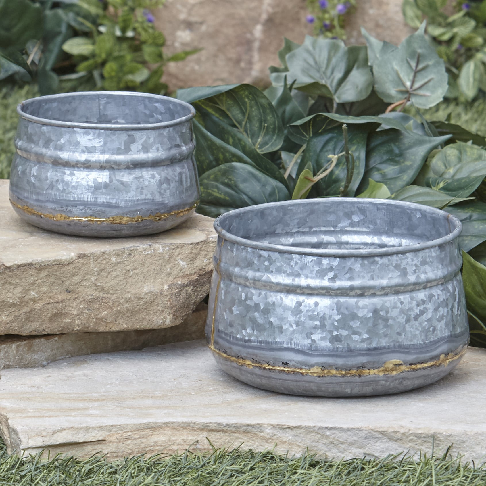 Galvanized Metal Planters with Copper Accents Garden