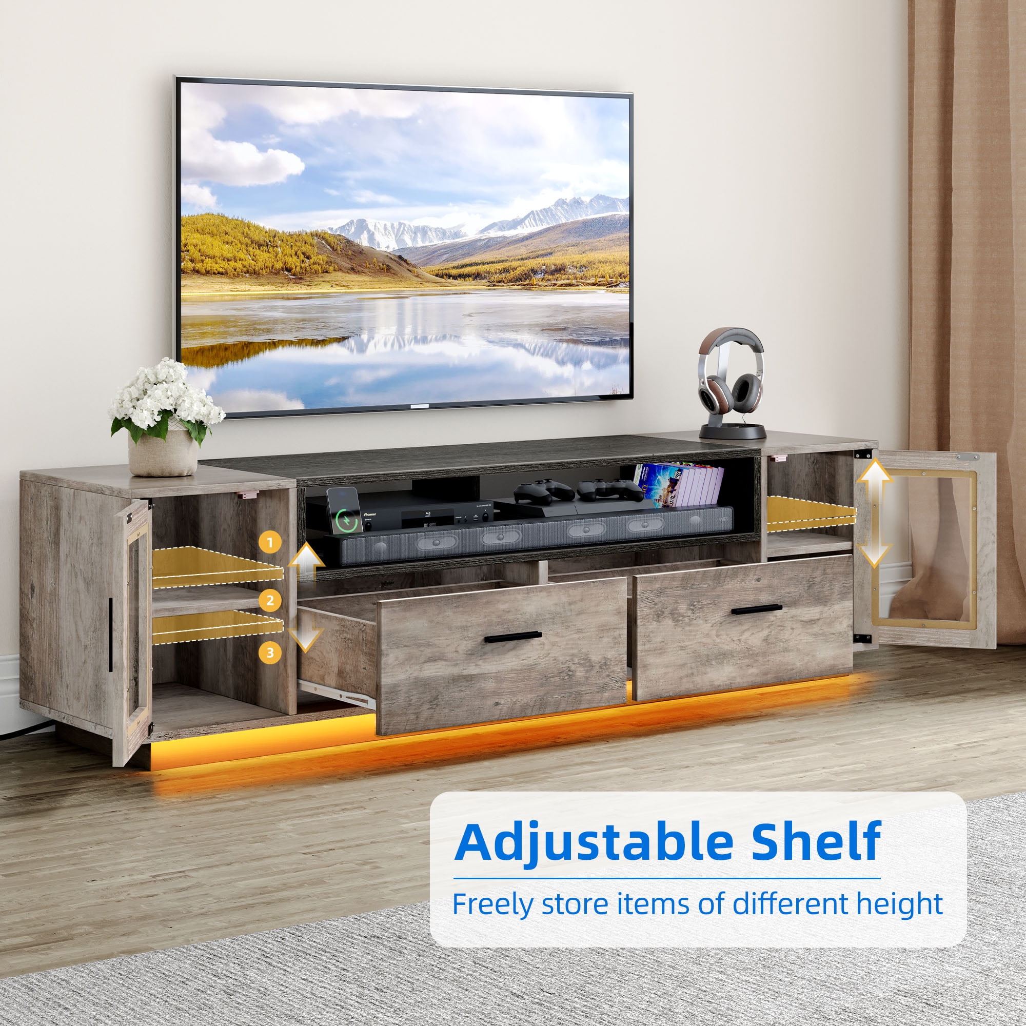 Uforic Large TV Stand w/Power Outlets for 70 inch TV, LED Entertainment Center, Gray
