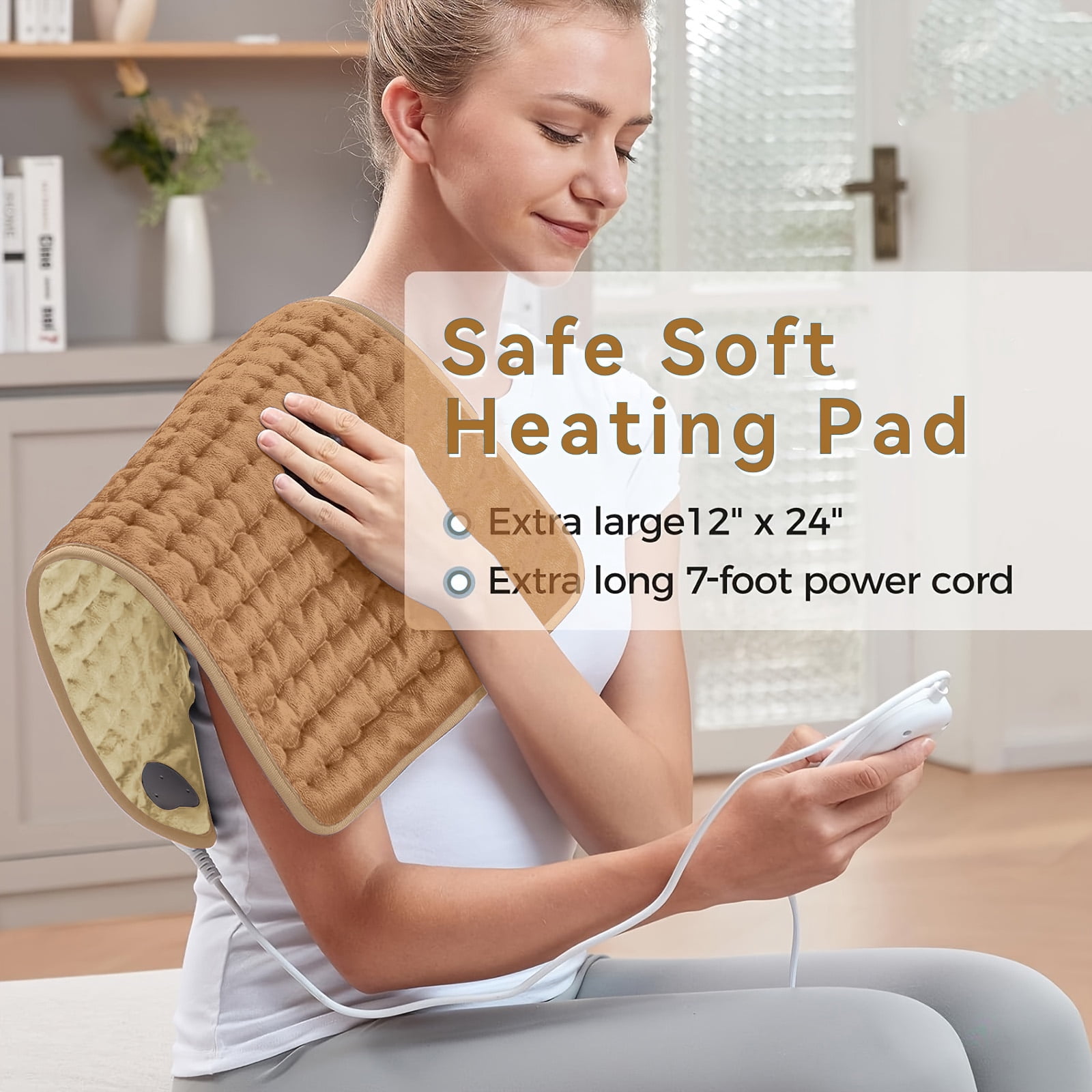 Heating Pad for Back, Neck, Abdomen, Shoulder, Knee, Dry/Moist Heat & Auto Shut off, Birthday Gifts for Men and Women, 12" x 24", Khaki ,1 Pack
