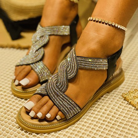 

LIANGP Women s Sandals Elastic Belt Diamond Wedge Heel Bohemian Beach Shoes Roman Casual Sandals Women s Shoes Black Size 7