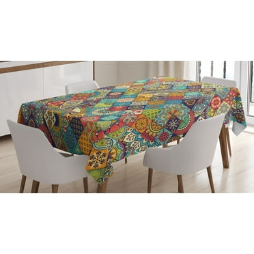 Ambesonne Bohemian Tablecloth Rectangular Table Cover, Checkered Folk, 60"x84", Multicolor