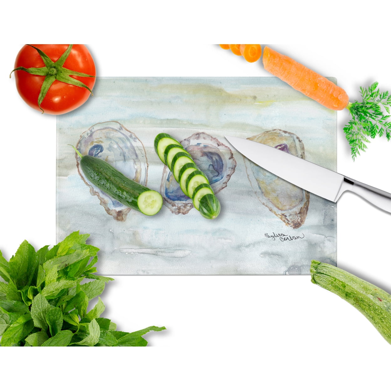 Oysters Watercolor Glass Cutting Board Large