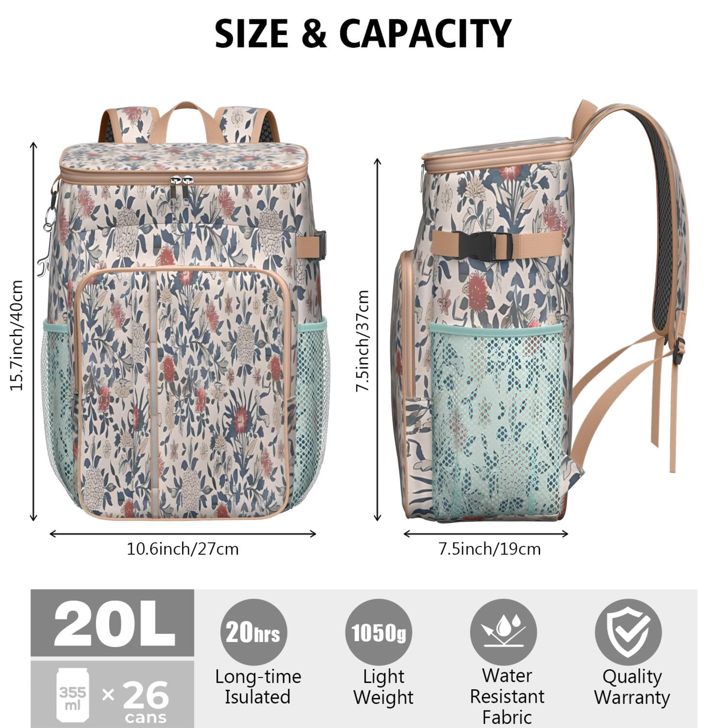 Travel Cooler Bag - Pioneer Flower Floral Print Pattern Camping Beer Cooler Backpack with Bottle Opener- Waterproof Insulated Picnic Backpacks - Cooler Bag for Beach